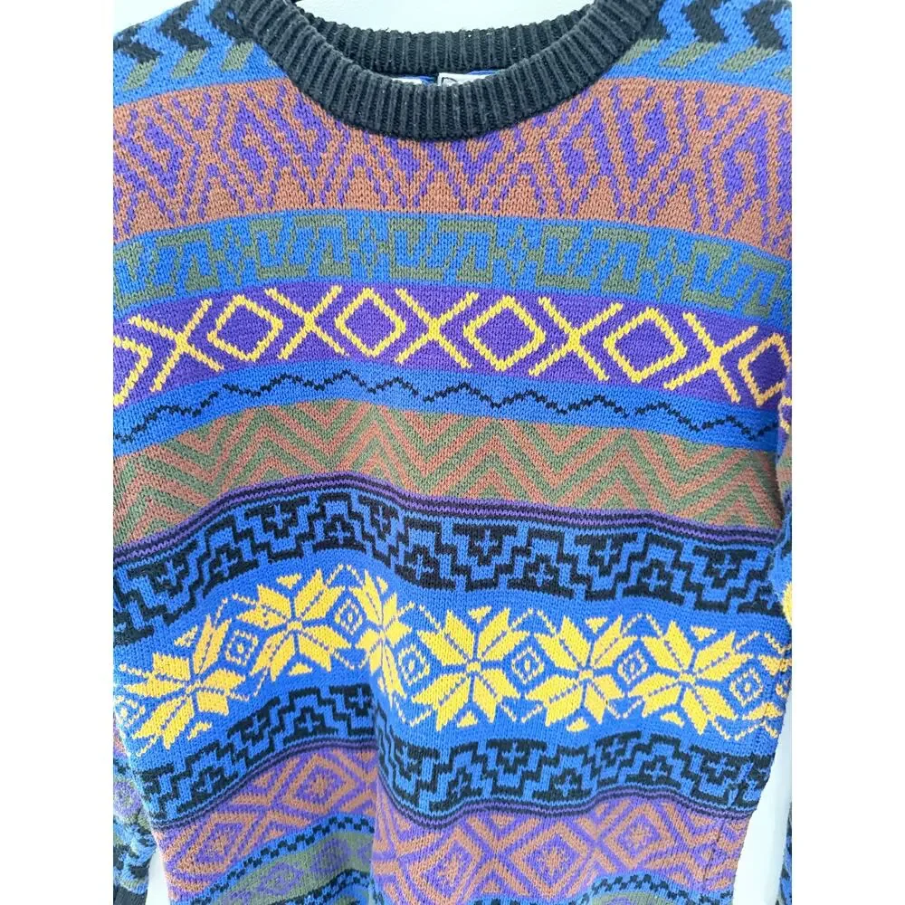 Rafaella Men’s Multicolor Geometric Ski Crewneck Sweater 100% Cotton-Size M